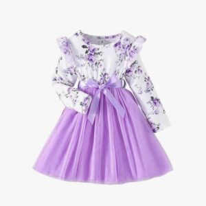 Niren Enterprise 1019 Long Sleeve Printed Flower Belted Square Neck Baby Girl Frock with Knee-Length and A-Line Style