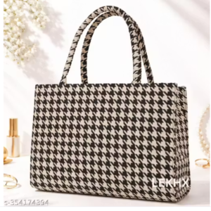 Stylish Black & White Houndstooth Printed Women Tote Bag | Trendy Office & Casual Handbag for Girls & Ladies | Premium Fabric Daily Use Hand Bag
