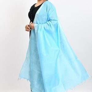 MOEZA Women's Aqua Blue Woven Design Silver Border Cotton Linen Dupatta, Pack of 1, MFD0168