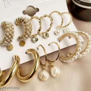Trendy Gold-Plated Pearl & Hoop Earrings Set for Women & Girls (Pack of 9)