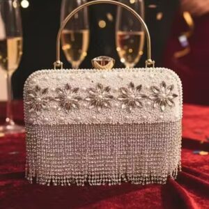 Beaded Fringe Box Clutch or a Crystal Pearl Embellished Evening Bag. Pearl Beaded Fringe Clutch" or "Rhinestone Tassel Evening Bag". DUCHESS White Pearl Beaded Clutch" and "Anekaant