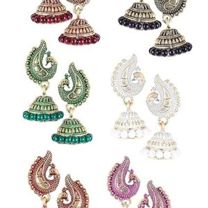 MEENAZ Peacock Jhumkas Jhumka jhumki Earrings Combo set Ear rings For Women girls Ladies Traditional Wedding Temple Gold Meenakari Ethnic Antique South Indian Round Pearl Moti Feather jhumki combo M05