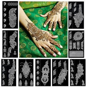Reusable Henna Tattoo Stencils Set, Mehendi Stencils for Hands, Forearm, Airbrush, Tattoo Stencil, 9 Sheets Indian Temporary Stickers for Women and Girls