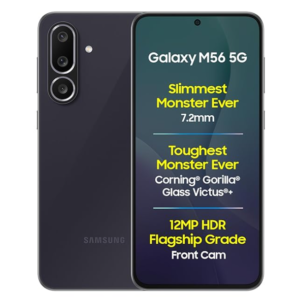 Samsung Galaxy M56 5G Mobile (Black, 8GB RAM, 128GB Storage)| Segment's Slimmest | Gorilla Glass Victus+| 10 Bit HDR Video| 50MP Camera| AI | Vapour Cooling Chamber| Lag-Free Gaming| Without Charger