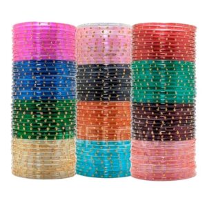 ONFLOW 12-Color Indian Glass Bangles Set for Women - Traditional Ethnic Bangles with Golden bindi Design - Stylish and Festive Accessories