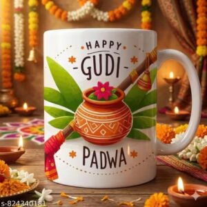 Happy Gudi Padwa Ceramic Coffee Mug, 350ml - Traditional Marathi New Year Gift with Gudi & Kalash Illustration, White