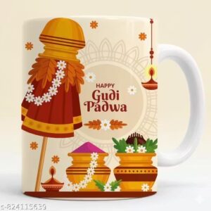 Happy Gudi Padwa Ceramic Coffee Mug, 350ml - Traditional Marathi New Year Gift with Gudi & Kalash Illustration, White