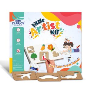 Clapjoy Wooden Stencil Art & Craft Kit for Kids (20 Pieces) | DIY Drawing & Coloring Set with Crayons, Watercolor Pens & Pencil Colors | Art Gift for Boys & Girls Ages 3,4,5,6,7,8,9