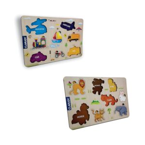 Clapjoy Wooden Learning Educational Board for Kids, Puzzle Toys for 2 Years Old Boys & Girls (Animal & Vehicle)