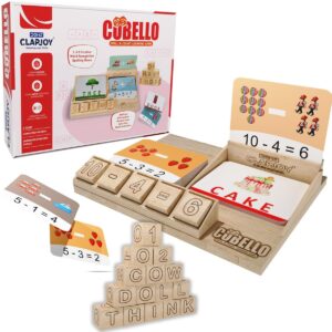 Clapjoy Cubello Montessori Spelling & Math Toy for Kids 3+ Years – Wooden Spelling Word Game, Flash Cards, Educational Toys, Brain Games & Gifts for 5 Year Old Boys & Girls – Wooden Learning Cubes
