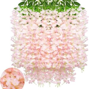 Rozi Decoration Wisteria Artificial Flowers Garland, Light Pink Long Hanging Silk Bush Flowers String for Wedding, Photo Backdrops, Wall, Garden, Diwali, Pooja Decorations Pack of 12, 106.7 CM