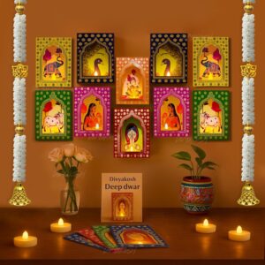 Divyakosh Deep Dwar (Pack of 12) with LED Candles and Mogra Hangings - 2 Pcs, Jharokha Style Wall & Home Decor for Diwali Decoration, Festive Decor, Wall Decor