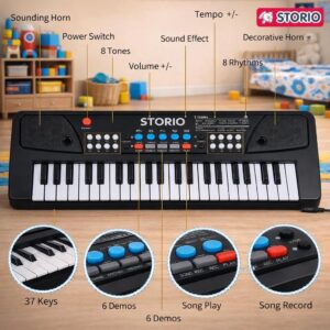 Storio Kids Piano Keyboard with Mic | 37 Keys, 8 Rhythms, 8 Tones & 6 Demo Songs | Electronic Musical Toy for Boys & Girls Age 2-5 | Educational & Recording Keyboard for Beginners