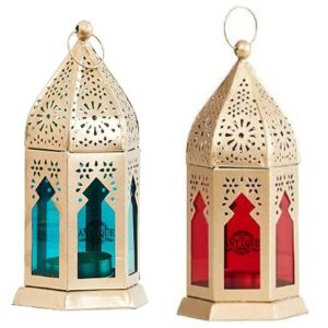 Antique Collection Moroccan Moksha Hanging Lantern | Laltern Lamp with Tealight Candle Holder (Pcs 2, Combo) (Golden-Blue-Red),Iron