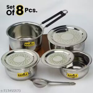 Stainless Steel Handi Tope Set With Lid Flat Bottom Induction & Gas Stove Friendly Tope / Patila / Cookware Set (8 Pcs Combo Set )