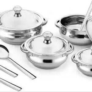 Stainless Steel Serving handi with lid | 4 Serving Spoon+ 4 Serving Bowl, Spoon Serving Set (Pack of 4)