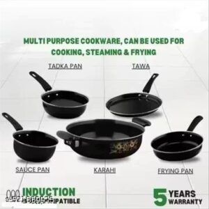 Vivaan Nonstik cast iron Perfect Collection Combo Set of 5Pcs Induction Base Cookware Sets Black (Kadai, Sauce Pan, Fry Pan Tawa pan, Tarki pan)