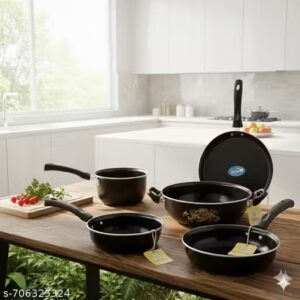 SIWAAN 5-Piece Non-Stick Steel Cookware Set – Kadhai , Saucepan, Fry Pan, Tadka Pan & Dosa Tawa – Scratch-Resistant Interior, Food-Safe Enamel Coating, Lightweight & Durable Build for Multi-Utility Cooking