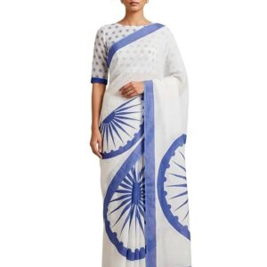 Women’s White & Blue Pure Linen Cotton Saree with Ashoka Chakra Print | Special Ambedkar Jayanti Saree for 14th April | Jai Bhim Festival Wear Saree with Unstitched Blouse Piece