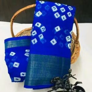 Elegant Blue Bandhani Cotton Linen Saree with Zari Border & Blouse | Lightweight Daily Wear Saree for Women