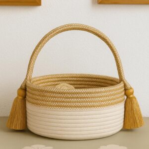 Bobbiny Round Woven Rope Storage Basket with Handle & Tassels – Cotton Rope Decorative Basket Bin for Home, Nursery, Toys, Laundry – Mustard & Cream Boho Organizer Basket