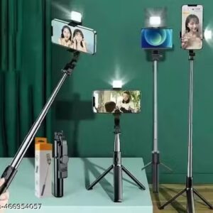 3-in-1 Multifunctional Bluetooth Extendable Selfie Sticks with Flash, Detachable Wireless Remote Tripod Stand for Mobile Phones (Black)