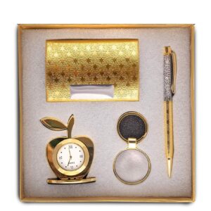 Lavanya Silver - Gold Plated 4-in-1 Gift Set for Men | Women – Apple Shape Table Clock, Crystal Pen, Business Card Holder & Keychain – Ideal for Office | Anniversary | Birthday & Corporate Gifting
