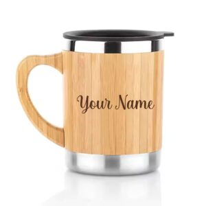 Giftana Personalized Coffee Mug with Lid, Customized Vaccum Bamboo Mug with Handle, Vaccum Insulated Double Wall Tea Cup 350ml for Home, Office, Birthday Gift for Friend, Gifts for Employees