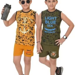 Kids T-Shirt With Short Clothing Set For Boys Cotton Vest Sleeveless Round Neck T-Shirt Pack Of 2