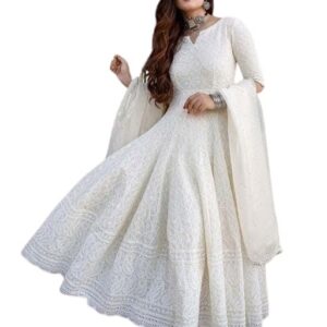 Women's Cotton Chikankari Long Anarkali Kurti With Dupatta (White)
