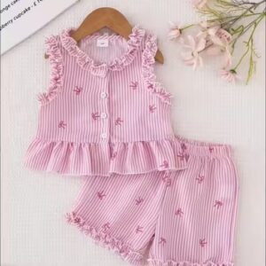 Baby Girl Pink Stripe Ruffle Top & Shorts Set Cute Bow Print Baby Girl Summer Co-Ord Set Infant Girls Frill Sleeve Pink Striped Outfit Set Baby Girl Sleeveless Ruffle Top with Matching Shorts