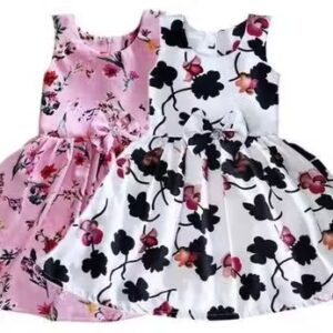 Printed Girls Frock | pink floral, white and black floral, A-line silhouette, bows, A-line, one-piece, party frock, bow, sleeveless, round, above knee, Girls, partywear, cotton, summer