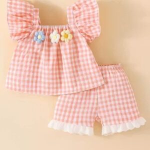 Trendy Baby Girl Checkered Top & Shorts Set | Summer Outfit with Floral Design