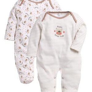 BABY GO Baby Boys & Baby Girls Cotton Full Sleeve Sleepsuit Pack of 2 | Newborn Infant Romper Jumpsuit with Snap Buttons | Soft Breathable Onesie Set | Cute Bear Print & Striped Design