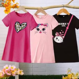 Pretty Stylish Girls Frocks & Dresses | pink, black, light pink, cat graphic, heart graphic, text graphic, A-line silhouette, relaxed, one-piece, A-line dress, short sleeve, none/pull-on, short sleeve, round, above knee, unlined, Girls, casual, cotton blend, summer