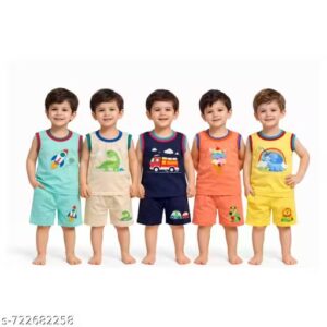 Cotton Sleeveless T-Shirt & Shorts Set for Boys (0-1 Years) (1-2 Years) (2-3 Years) (3-4 Year)(4–5 Years) – Pack of 5”