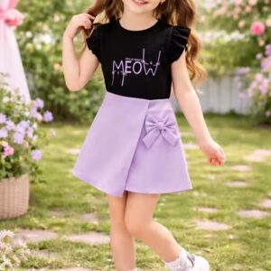Stylish Western Frock for Baby Girls | Meow Printed Cotton Blend Dress | Trendy Party Wear Outfit for Kids (Black & Lavender)