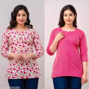 Women’s Short Printed Kurti Pack of 2 Cotton Casual Combo for Women