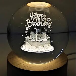 Desidiya 3D Crystal Happy Birthday Lamp Engraved Crystal Ball LED Night Light with Wooden Base - USB Powered Glass Ball Led Night Light Table Lamp for Kids Room, Teens Home & Office Decor,Warm White