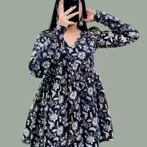 Casual Cotton Blend V Neck And Long Sleeves Stylish Printed Kurti For Womans