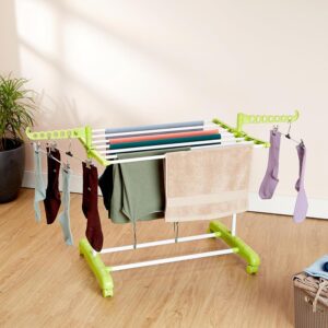 Amazon Brand - Solimo Premium Mild Steel Double Support Cloth Drying Rack | Foldable and Movable | Lightweight | White & Green