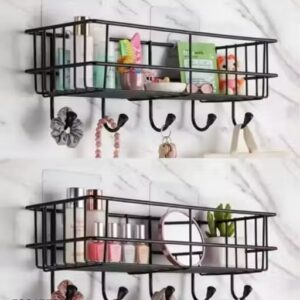Bathroom Rack - Bathroom Shelves - Kitchen Storage – Self Adhesive Bathroom Shelf and Shampoo Holder with 4 Hook Adhesive Shower Caddy Metal Shelf (Pack of 2)