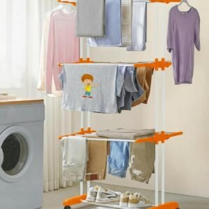 FLIPZON Premium 3 Layer Clothes Drying Stand with Wheels | Foldable Wings | Double Pole Alloy Steel Rack | 360° Rotatable Hanger Rods | Portable Balcony Laundry Dryer (White & Orange)