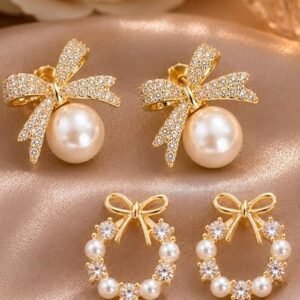 TRENDY Korean Style Fashion Earrings Set, Pearl and Crystal Bow Design, Women's Jewellery Accessories, 2 Pairs