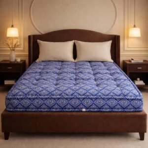 Handmade Cotton Filled Foldable Gadda Mattress,Shiny Blue, 5 x 6 Feet | Firm Comfort, Shiny Dot Pattern, For Bed, Bedroom, Living Room, Floor Sleeping, 60 x 72 Inches or 150 x 180 cm
