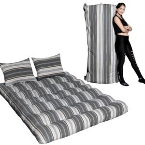 Queen Size Floor Mattress (5 x 6 Feet) - 6-Layer Comfort, Foldable Gadda for Couples and Guests - Brown and White Stripes