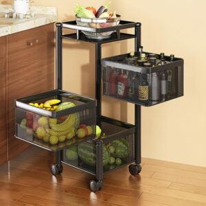 TEX-RO Kitchen Trolley with Wheels | 3-Layer Metal Vegetable Basket Stand & Kitchen Storage Rack | Multipurpose Kitchen Organizer for Onion Potato Storage (Black)
