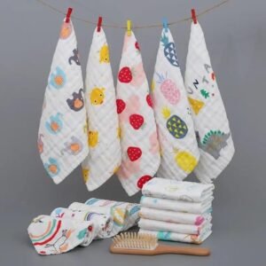 Little Boo Muslin 6 Layer Cotton Face Towels for Newborn Baby Extra Soft Hankies Reusable Napkins for Infants Toddlers/Kids (Pack of 5) White Printed.