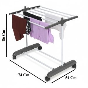FLIPZON Premium Clothes Stand for Drying with Wheels | Portable | 1 Layer Rack for Balcony | Foldable Wings | 7 Hanger Rods | Alloy Steel & Plastic (White & Grey), 54 x 74 x 86 Cm | Small