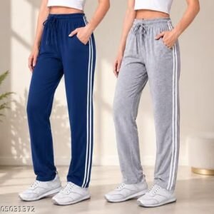 Ladies Cotton Track Pants Combo Pack of 2 | Soft Comfortable Lower | Side Stripe | Elastic Drawstring Waist | Regular Fit | Casual, Gym, Yoga & Home Wear